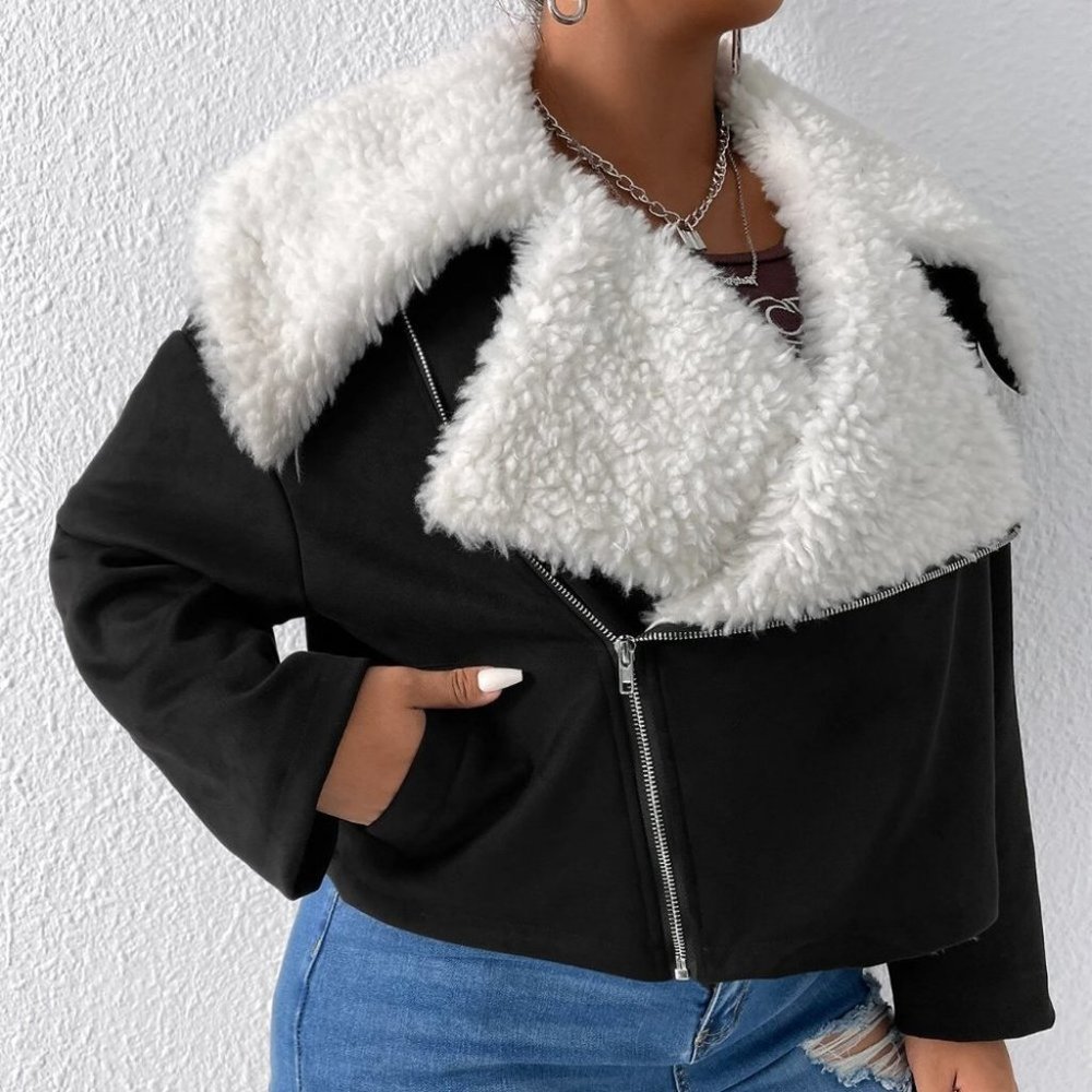 PLUS teddy lined PU leather moto jacket casual contemporary - Picture 3 of 5